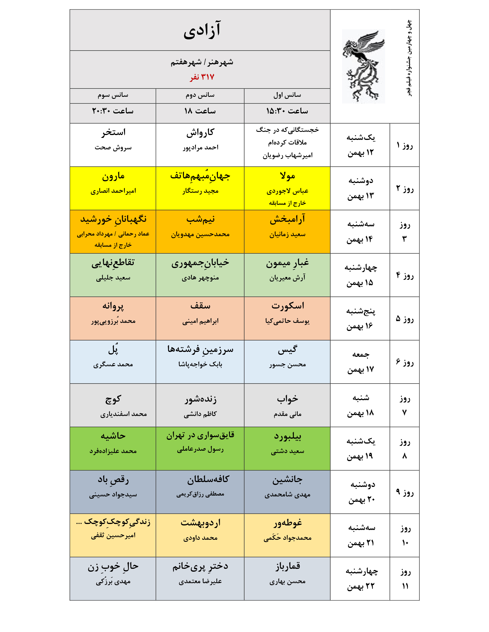 جدول نمایش فیلمهای جشنواره ملی فجر منتشر شد